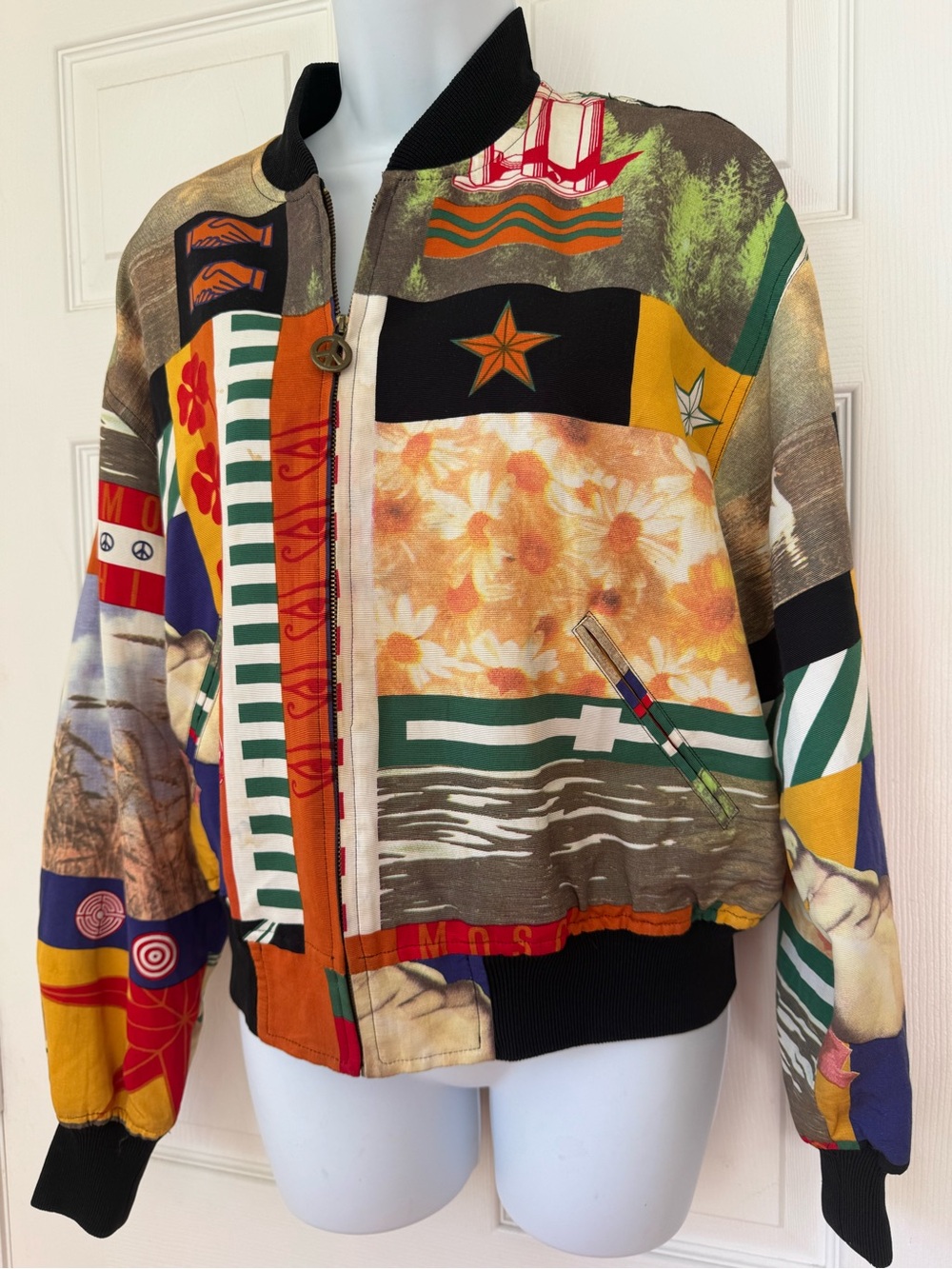 Moschino Multicolor Graphic Patchwork Bomber Jacket with Black Trim